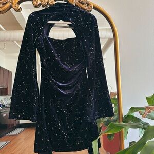 Dark Blue Bell Sleeve Stars Constellation Velvet Dress Taylor Swift Midnights